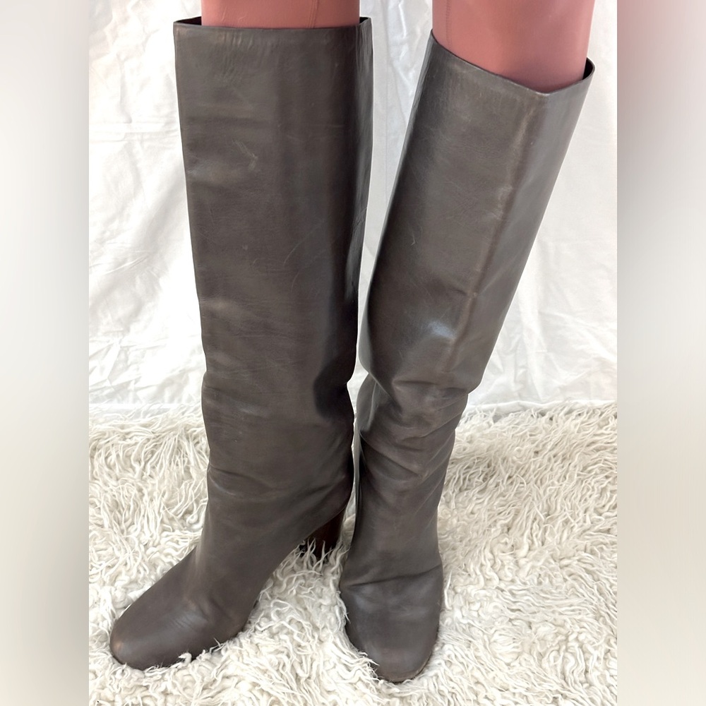 Chloe Gray Leather Wooden Healed Tall Boots